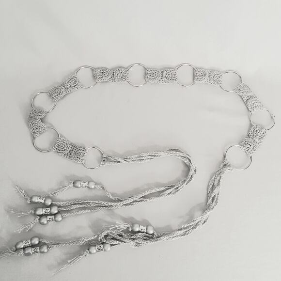 Handcrafted Silver Tone Gray Statement Chain Link Belt With Beaded Tassels - Picture 5 of 13